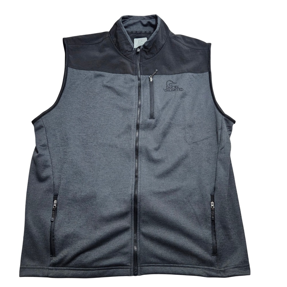 Ducks Unlimited Mens‎ XL Gray Black Full Zip Fleece Lined Outdoor Vest Pocketed